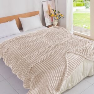 Κουβέρτα Εκρού Flannel Fleece Ριγέ Υπέρδιπλη 220x240