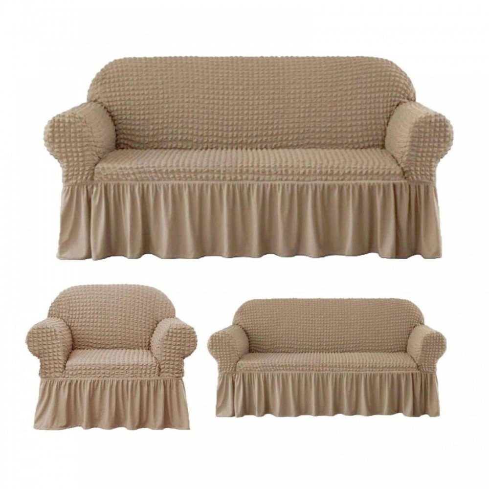 Σετ Ελαστικά Καλύμματα Καναπέ Μπεζ 3 τμχ. (Τριθέσιο+Διθέσιο+Πολυθρόνα) με Βολάν